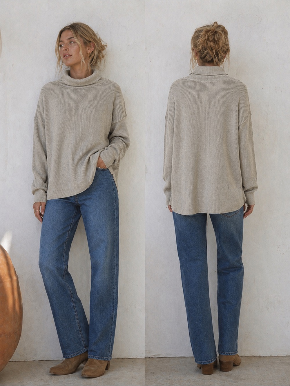 New! Women's Oversized Putty Grey Rib Knit Cowl Neck Tunic Sweater Medium